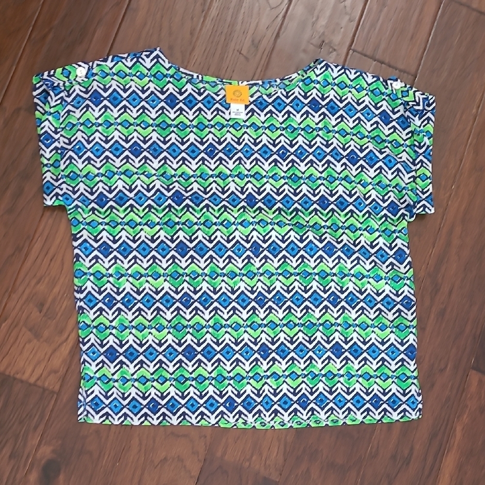 Ruby Rd Bright Blue, White & Lime Green Patterned Blouse size 14